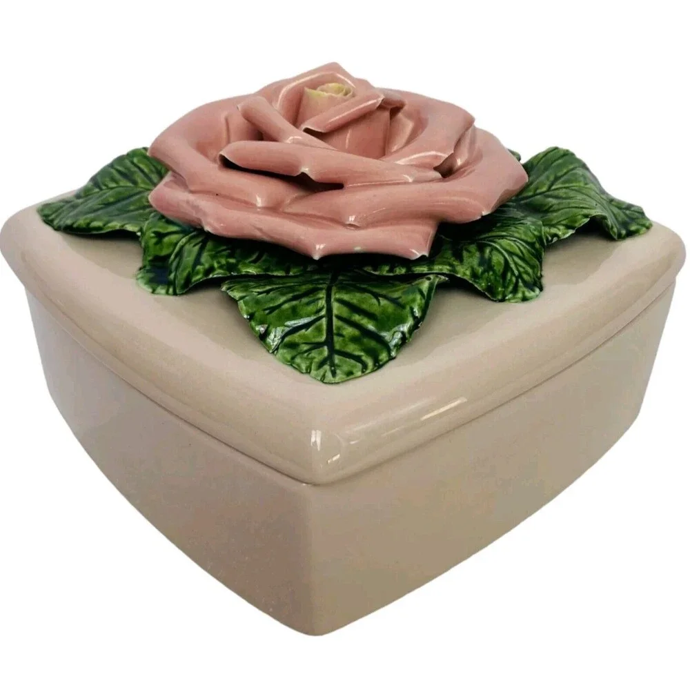 Vintage Valley Vista California Pottery Ceramic Lidded Trinket Box Raised Rose